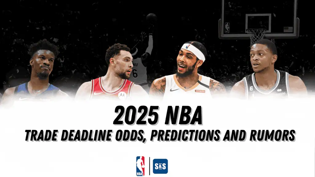Graphic showcasing NBA trade deadline predictions for 2025, featuring multiple players.