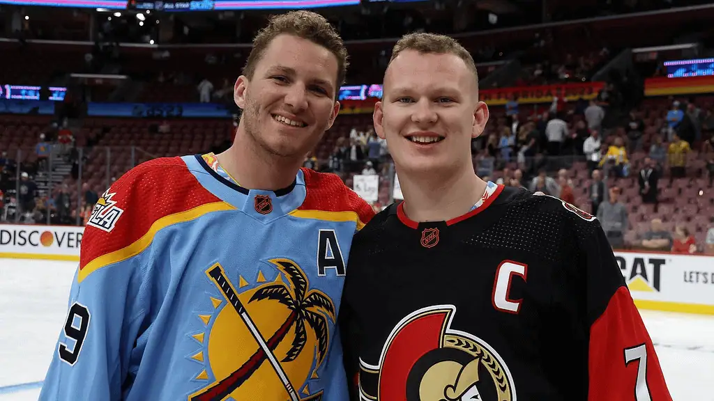 Nashville Predators vs Florida Panthers Picks and Predictions February 25th 2025 2 Two hockey players pose together, one in a vibrant blue jersey with sun and palm tree graphics.