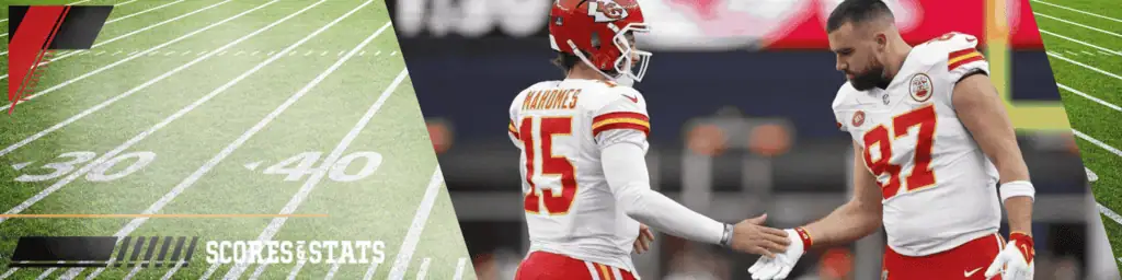 Philadelphia Eagles vs Kansas City Chiefs Picks and Predictions February 9th 2025 2 Two Kansas City Chiefs players share a moment on the field, with yard lines marked in the background, highlighting a football game atmosphere.