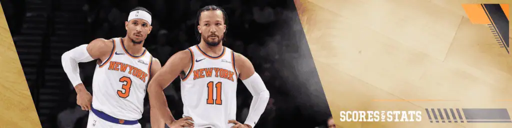 New York Knicks vs Philadelphia-76ers Picks and Predictions February 26th 2025 3 New York Knicks players Josh Hart and Jalen Brunson standing on the court during a game