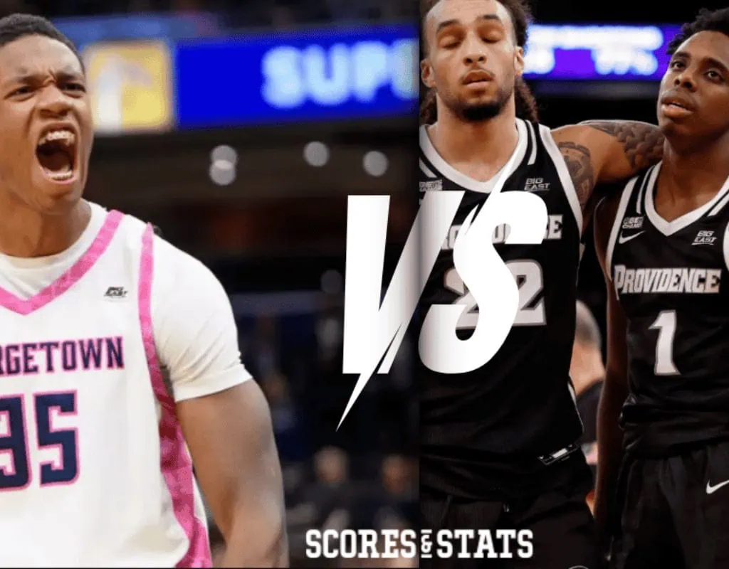 Georgetown Hoyas vs Providence Fiar Picks and Predictions February 19th 2025 2 Two basketball players in team uniforms facing each other, with "Georgetown vs. Providence" text and "SCORES & STATS" overlay.