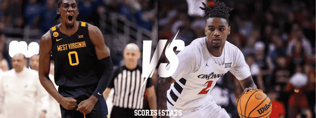 West Virginia Mountaineers vs Cincinnati Bearcats Picks and Predictions February 19th 2025 2 Two basketball players in action, one representing West Virginia and the other Cincinnati, with excitement evident in the game atmosphere.