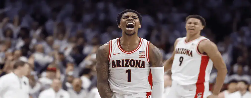 Arizona Wildcats vs Texas Tech Red Raiders Picks and Predictions February 8th 2025 2 Arizona Wildcats players celebrate during NCAA basketball game