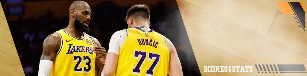 Utah Jazz vs Los Angeles Lakers Picks and Predictions February 12th 2025 2 lakers banner featuring Lebron and Luka Donkic