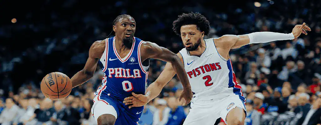 Milwaukee Bucks vs Philadelphia-76ers Picks and Predictions February 9th 2025 2 Philadelphia 76ers player drives past Detroit Pistons defender during NBA game