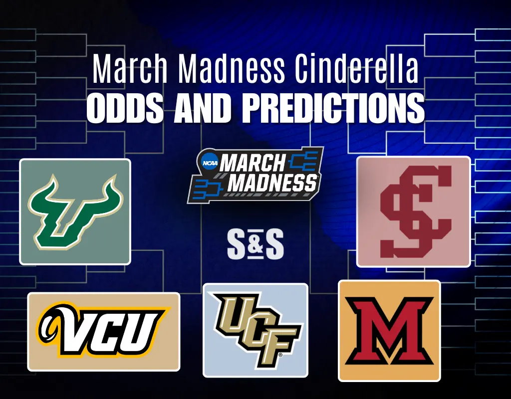 March Madness Cinderella Odds and Predictions graphic featuring team logos, bracket outlines, and a dark blue background.