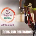 Milano-Sanremo cycling race promotional graphic with event date 22.03.2025, Crédit Agricole sponsorship logo, and a cyclist riding a red bike on a road.