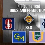 NIT Tournament Odds and Predictions graphic featuring team logos, bracket outlines on a wooden surface, and the NIT basketball logo at the center.