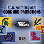 NCAA South Regional March Madness Odds and Predictions graphic featuring team logos, bracket outlines, and a blue background.