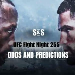UFC Fight Night 255 Odds and Predictions graphic featuring two fighters in an intense face-off.