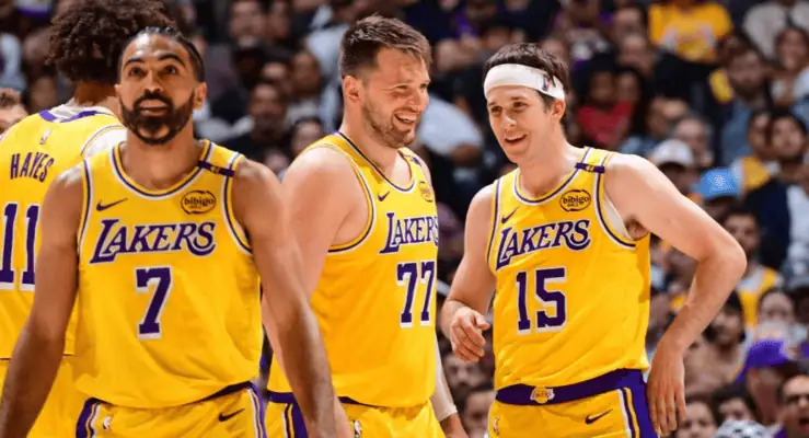 Los Angeles Lakers vs Minnesota Timberwolves Picks and Predictions April 30th 2025 3 Three Los Angeles Lakers basketball players in yellow jerseys, including numbers 7, 77, and 15, smiling and interacting during a game