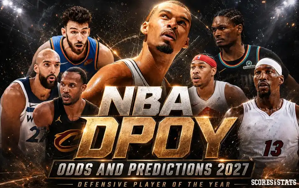 NBA Defensive Player of the Year odds and predictions 2027 graphic featuring several top NBA defenders in a dramatic arena-style design.