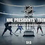 NHL players skate around the Presidents' Trophy on ice, with text overlay detailing odds and predictions for the award.