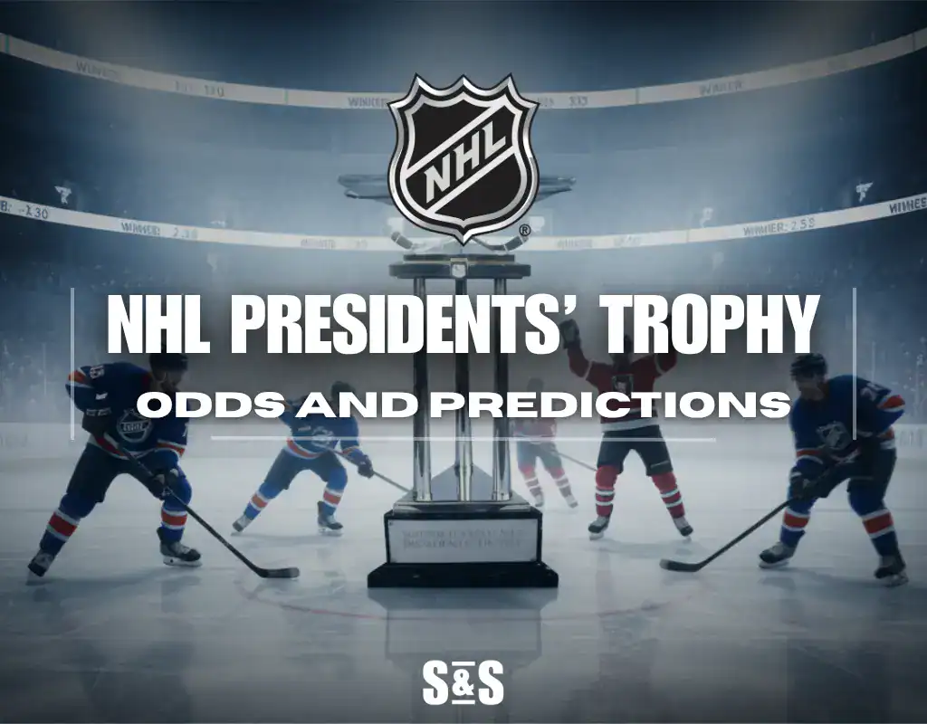 NHL players skate around the Presidents' Trophy on ice, with text overlay detailing odds and predictions for the award.