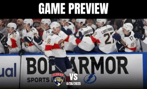 Florida Panthers players celebrate on the bench during a game preview against the Tampa Bay Lightning, April 26, 2025.
