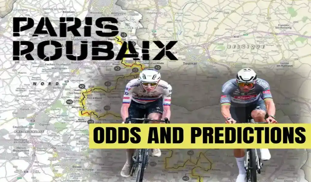 Ciclistas compitiendo en la carrera París-Roubaix 2025 con mapa de fondo y texto de predicciones y cuotas