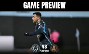 A player in a blue soccer jersey sprints on the field, with game preview text above and team logos for Philadelphia Union and Atlanta United.