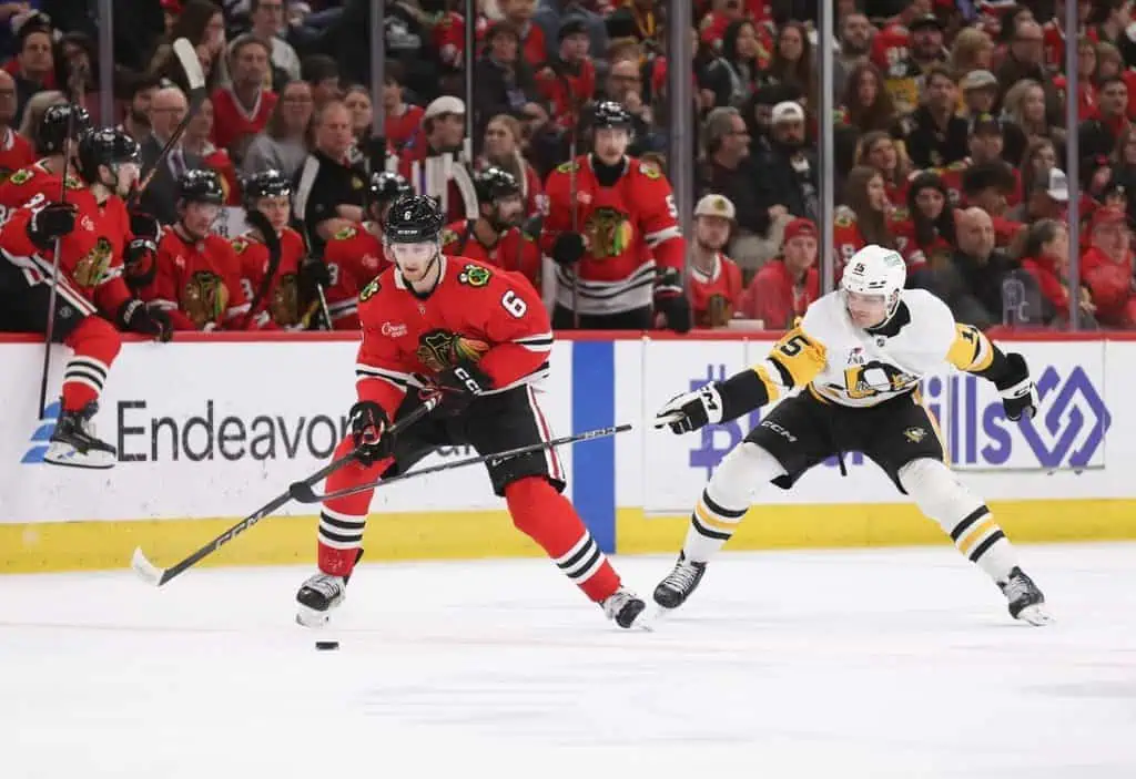 NHL 6 A hockey player in a red jersey dribbles the puck past an opponent in white while a cheering crowd in red jerseys watches.