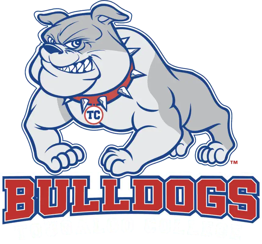 Tougaloo Bulldogs 2 A fierce bulldog mascot, with a spiked collar, representing Tougaloo College, labeled "BULLDOGS."
