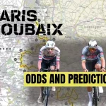 Paris-Roubaix cycling race promotional graphic featuring two cyclists in action over a race route map background