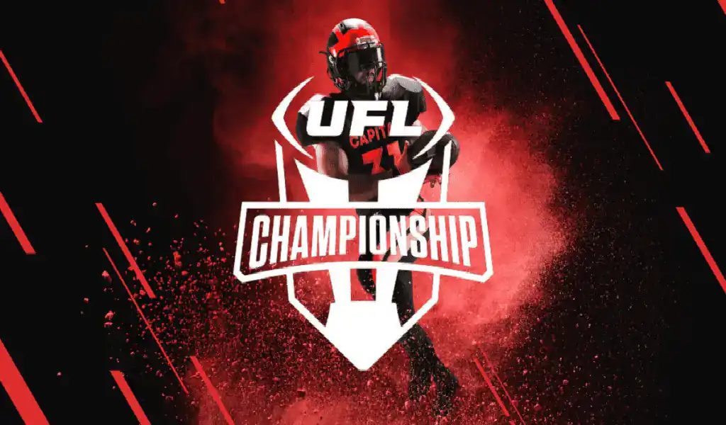 Imagen del logo del Campeonato UFL 2025 con un jugador de fútbol americano en acción, destacando el evento de la final del campeonato.