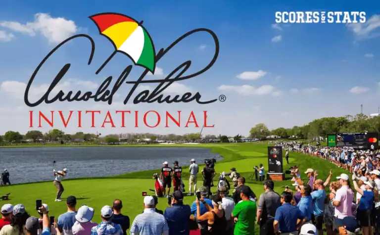 Crowd watches golfers at the Arnold Palmer Invitational, featuring vibrant blue skies and lush greenery by the lakeside course.