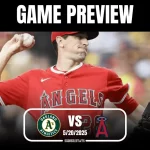 A baseball pitcher in a red jersey prepares to throw a pitch, with a graphic overlay showing a game preview between the Athletics and Angels.