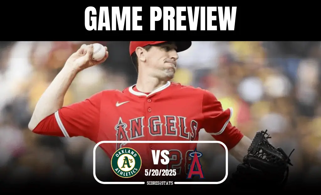 A baseball pitcher in a red jersey prepares to throw a pitch, with a graphic overlay showing a game preview between the Athletics and Angels.