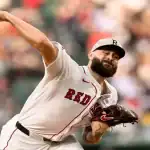 Boston Red Sox pitcher in motion during game vs Atlanta Braves