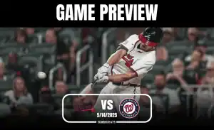 A baseball player in an Atlanta Braves uniform swings a bat, with game details overlayed: Braves vs. Nationals, 5/14/2025.