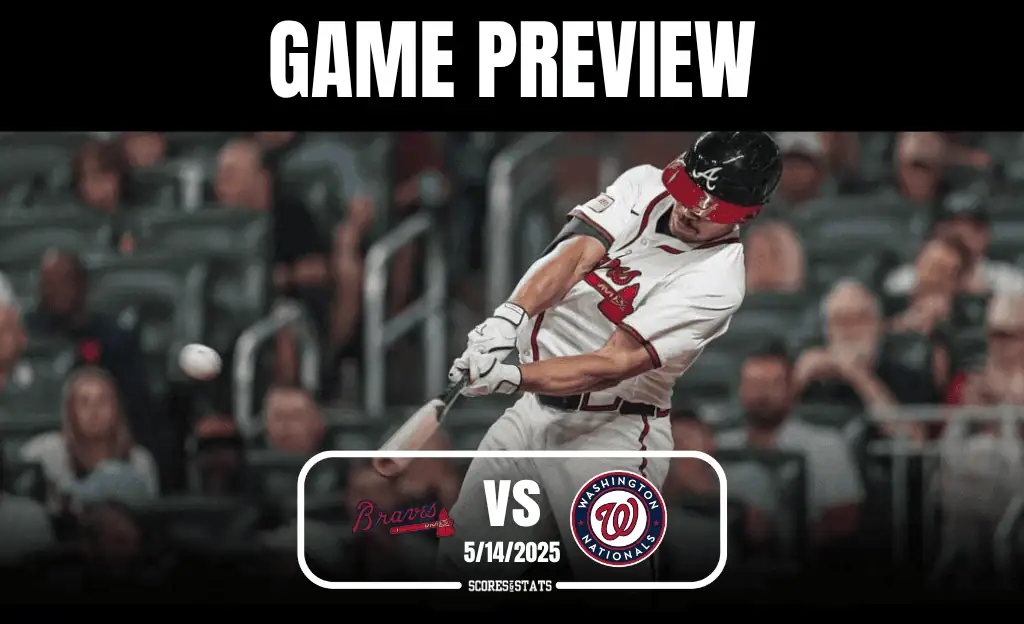 A baseball player in an Atlanta Braves uniform swings a bat, with game details overlayed: Braves vs. Nationals, 5/14/2025.