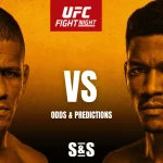 Promotional graphic for UFC Fight Night featuring fighter matchups, odds, and predictions against a vibrant orange background.