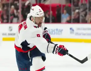 NHL action shot featuring a Washington Capitals player taking a powerful shot during a game against the Carolina Hurricanes.