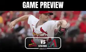 A baseball pitcher in a Cardinals jersey winds up to throw a pitch, with a vibrant stadium crowd visible in the background. Game preview graphic.