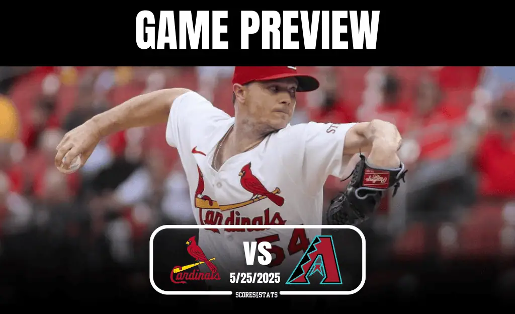 A baseball pitcher in a Cardinals jersey winds up to throw a pitch, with a vibrant stadium crowd visible in the background. Game preview graphic.