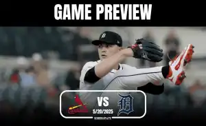 A Detroit Tigers player prepares to pitch against the St. Louis Cardinals in a game preview, dated 5/20/2025.