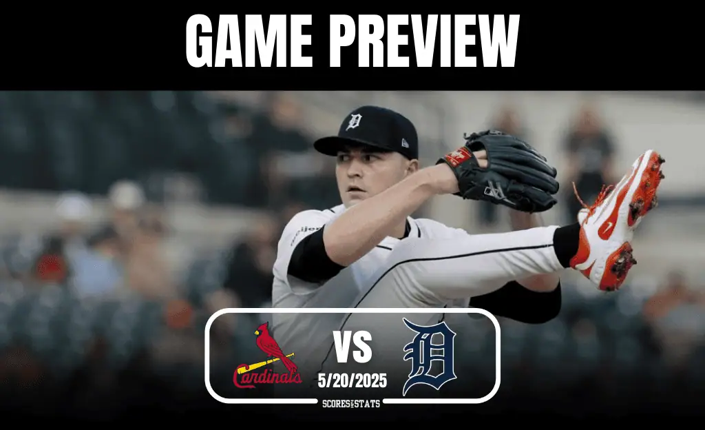 A Detroit Tigers player prepares to pitch against the St. Louis Cardinals in a game preview, dated 5/20/2025.