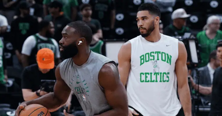 Boston Celtics vs New York Knicks Picks and Predictions May 7th 2025 3 Boston Celtics players in pregame shootaround