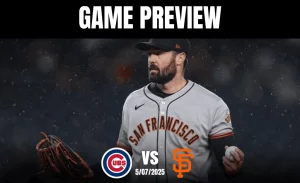 A pitcher in a gray San Francisco Giants uniform prepares to throw a baseball, with a dramatic background representing game excitement.