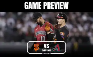 Two baseball players from the Giants and Diamondbacks face each other with game information displayed above. "GAME PREVIEW" is prominent.