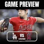 A pitcher in a red Angels jersey throws a baseball, set against a blurred stadium background. Game preview text is displayed above.