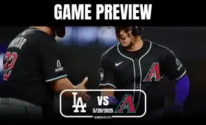 A baseball game preview featuring players in black jerseys with team logos, set against a dynamic stadium backdrop. Score and date included.