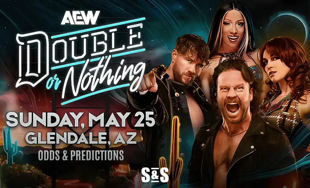Promotional poster for AEW's "Double or Nothing" event, featuring a vibrant background and details on date and location in Glendale, AZ.