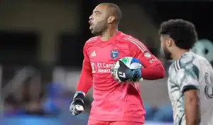 San Jose Earthquakes goalkeeper reacts while holding the ball during match against Houston Dynamo FC on May 24, 2025.