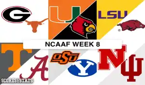 Logos de equipos destacados en la Semana 8 de fútbol americano universitario 2024, incluyendo Georgia, Texas, Miami, LSU, Arkansas, Tennessee, Alabama, Oklahoma State, BYU, Nebraska e Indiana.