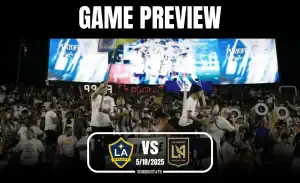 Lively soccer fans in white jerseys create a vibrant atmosphere, cheering for LA Galaxy and LA FC during a playoff game preview.
