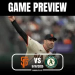 A pitcher from the San Francisco Giants throws a ball, with the Oakland Athletics logo and game details displayed below.