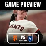 A baseball player in a Giants uniform throws a pitch, with a game preview banner above featuring the date and teams: Giants vs. Royals.