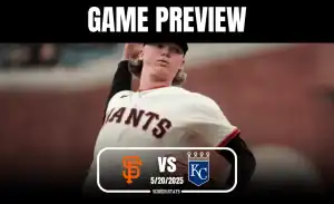 A baseball player in a Giants uniform throws a pitch, with a game preview banner above featuring the date and teams: Giants vs. Royals.
