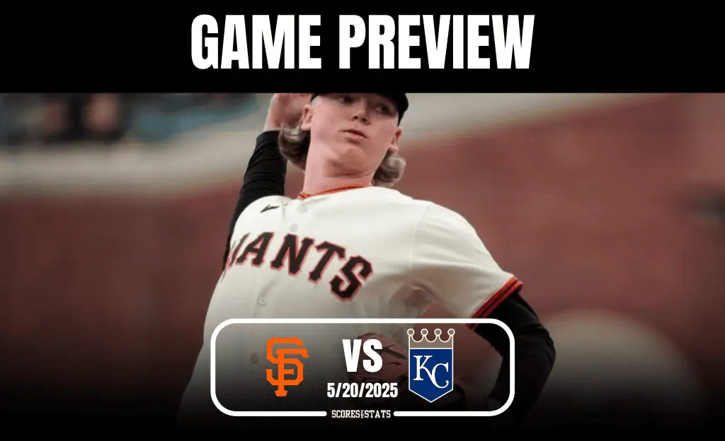 A baseball player in a Giants uniform throws a pitch, with a game preview banner above featuring the date and teams: Giants vs. Royals.